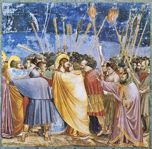 Arestarea lui Iisus - sărutul lui Iuda (1304-1306), frescă din Capela Scrovegni (Padova, Italia) pictată de Giotto di Bondone
